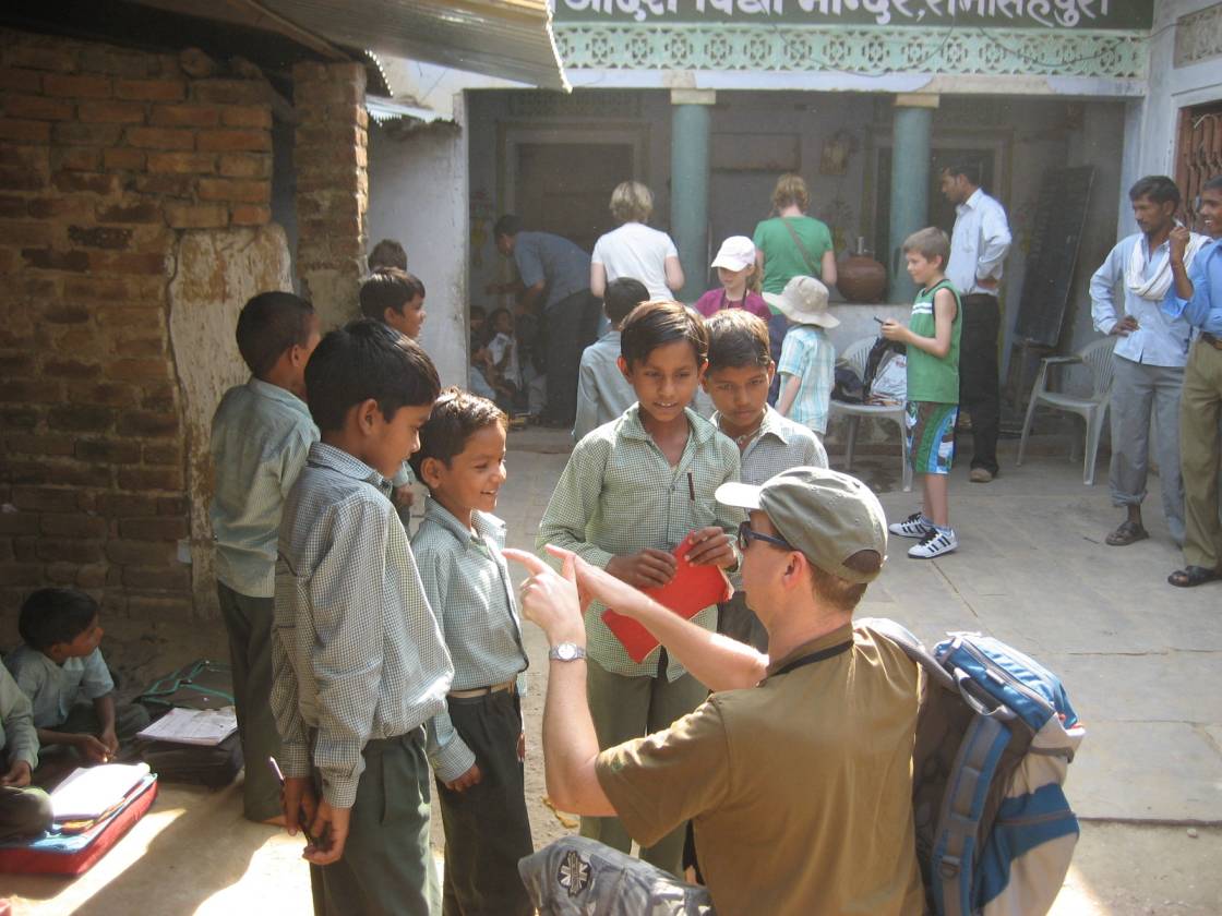 Group members interacting with school kids at Ranthambhore